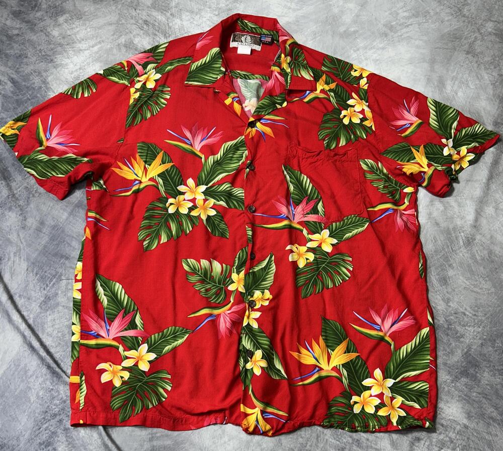 Kalaheo Shirt Mens Large Red Hawaiian Floral Tropical Rayon Aloha Made In Hawaii